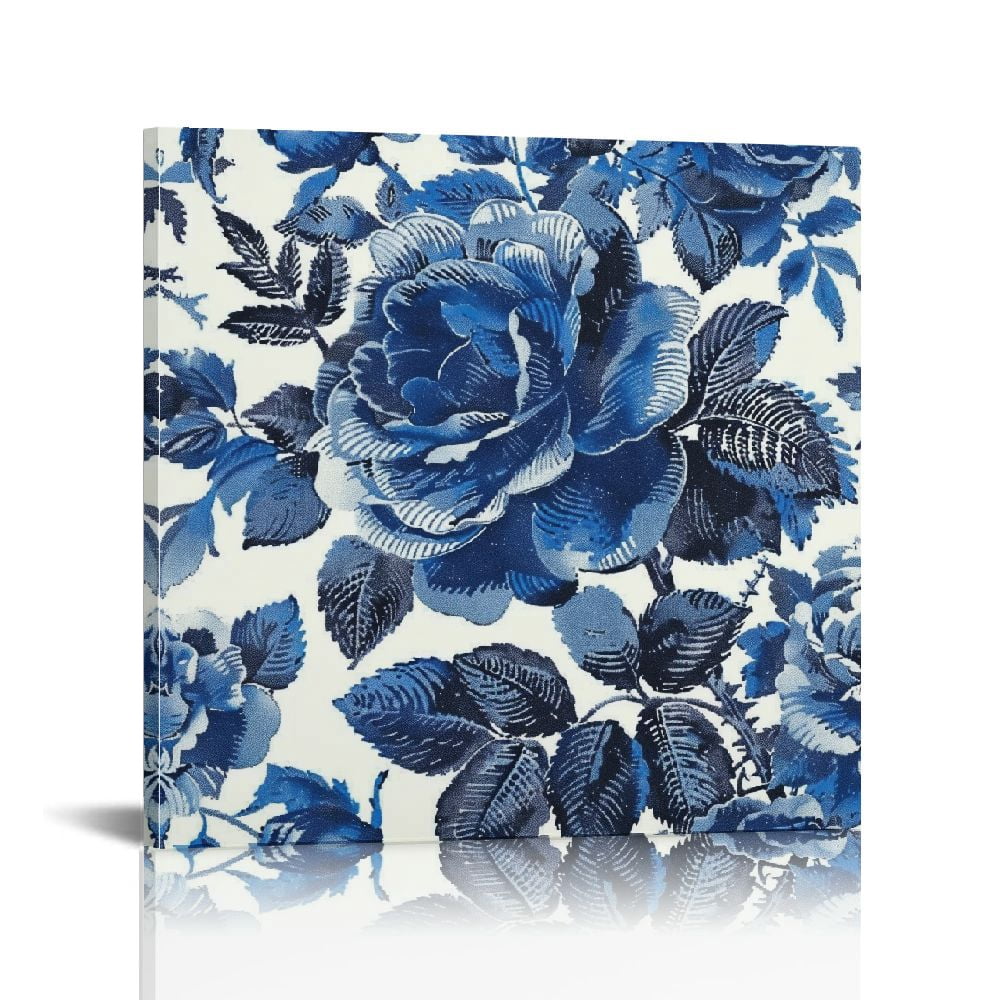 SUMAAFU Blue Rose Leaves Wall Decor Canvas Print Ready To Hang 12x12in ...