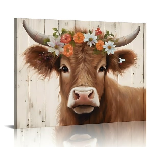 SUMAAFU Cow With Flower Crown Wall Decor Canvas Art Prints 16x12in