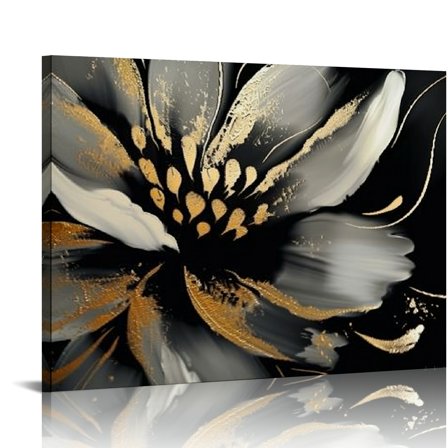 SUMAAFU Flowers Gold Black Wall Decor Canvas Art Print Ready To Hang 16x12in