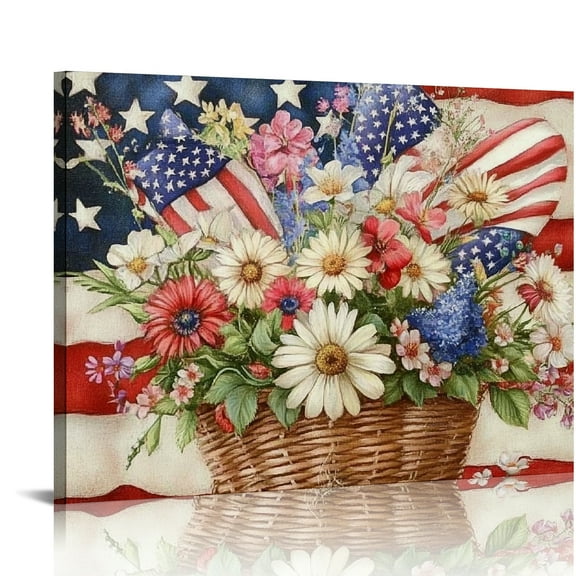 SUMAAFU Flowers Stars American Flag Wall Decor Canvas Art Prints 16x12in