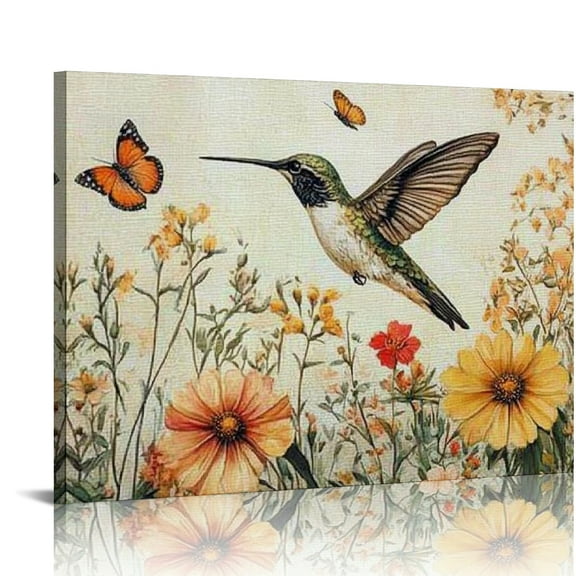 SUMAAFU Hummingbird Flowers Butterfly Canvas Wall Art Print 16x12in