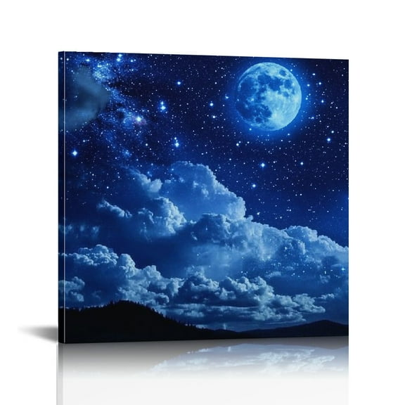 SUMAAFU Night Sky Stars Full Moon Wall Art Decor Ready To Hang 12x12in