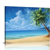 SUMAAFU Palm Tree Beach Scene Canvas Print Wall Art Decor 16x12in