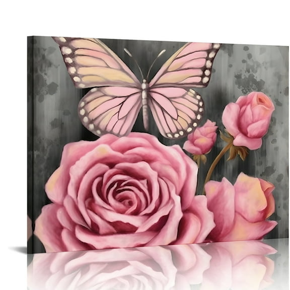 SUMAAFU Rose Butterflies Stripes Canvas Prints Wall Art Decor 16x12in