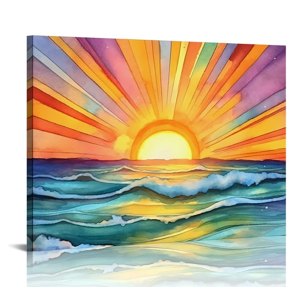 SUMAAFU Sunset Waves Watercolor Painting Canvas Print Wall Art 16x12in