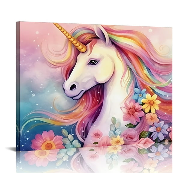 SUMAAFU Unicorn Rainbow Flowers Wall Decor Canvas Prints Art 16x12in
