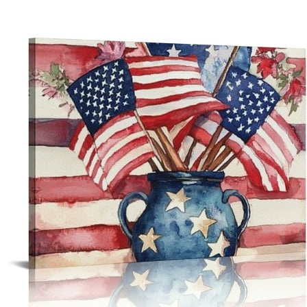 SUMAAFU Vase American Flags Watercolor Canvas Wall Art Decor 16x12in