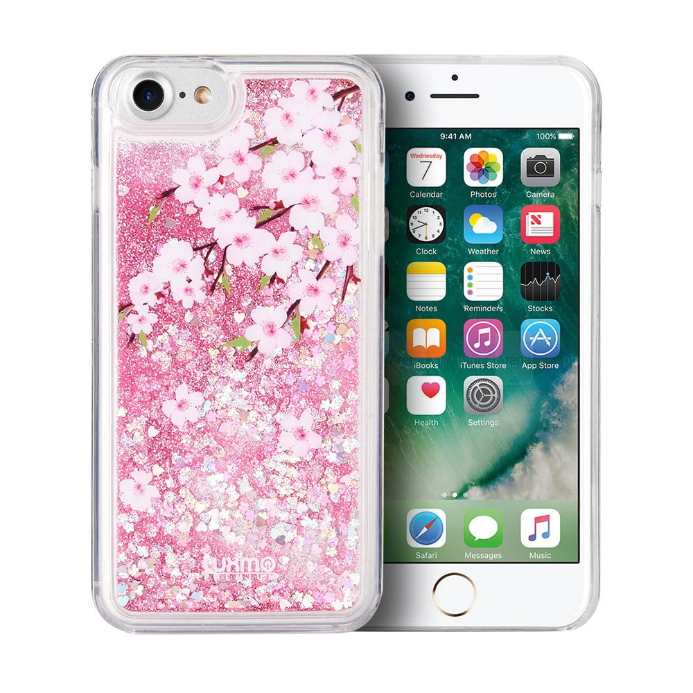 SUMACLIFE Sparkling Waterfall "Cherry Blossoms" Protective Phone Case for Apple iPhone 7 or iPhone 8 (Exact Perfect Fit)