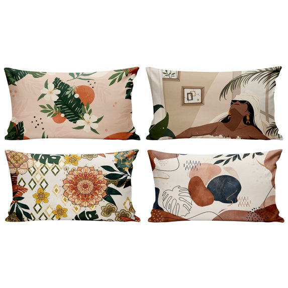 SUMAX1989 Boho Mid Century Throw Pillow Covers 12x20 inch Set of 4 Linen Abstract Simple Pillowcase -Boho 2