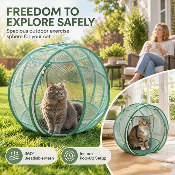 SUMDUINO Breathable Cat Exercise Sphere 27 Inch Foldable Mesh Rolling Cat Playpen Ball with Self-Locking Zipper for Indoor Outdoor