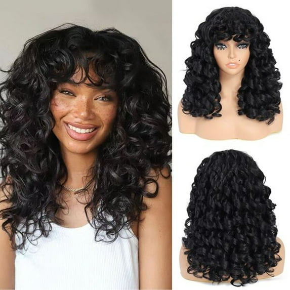 SUMDUINO Curly Wig Big Curly Wigs For Black Women 23 Inch Long Curly Wig With Bangs Synthetic Hair Replacement Wigs,Wigs Natural