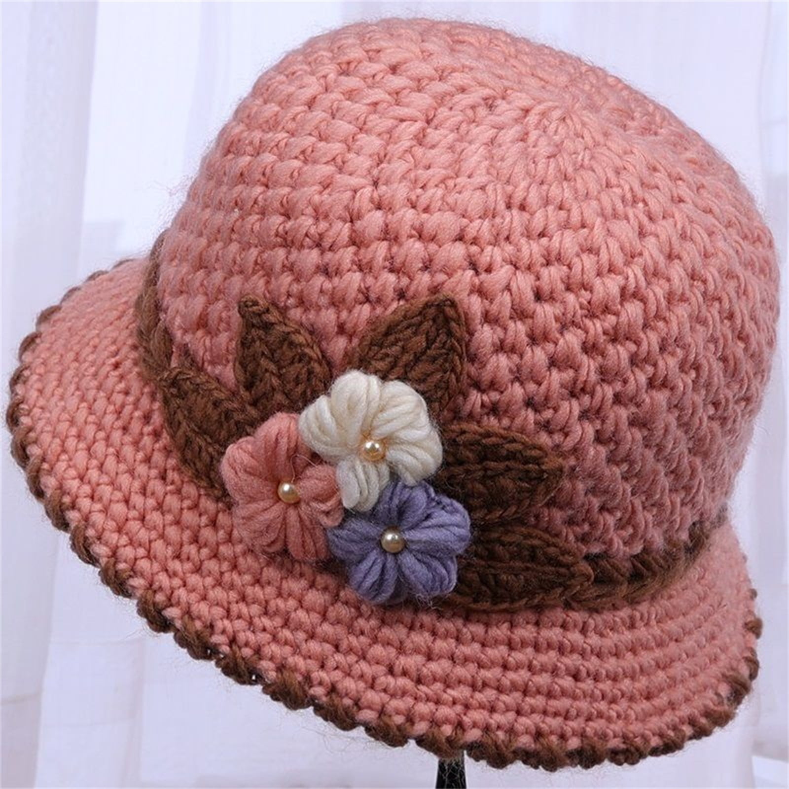 Pink and gray floral hat Winter wool hat Romantic winter hat with flowers store Knitted yarn floral hat Fancy winter ski hat Hat with decoration