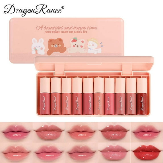 SUMDUINO Lip Color Set Non Fading Cup Fruit Makeup Lip 10 Mini Set Box 3.5mlx10,Lasting Lip Oil Gloss