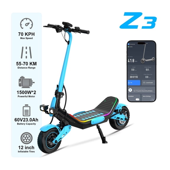 SUMEIDE Z3 Electric Scooter - Dual3000W Motor, Max speed 75km/h, 60V23Ah, 12 inch Tires, Bluetooth speaker, Smart APP Control, LED Strip