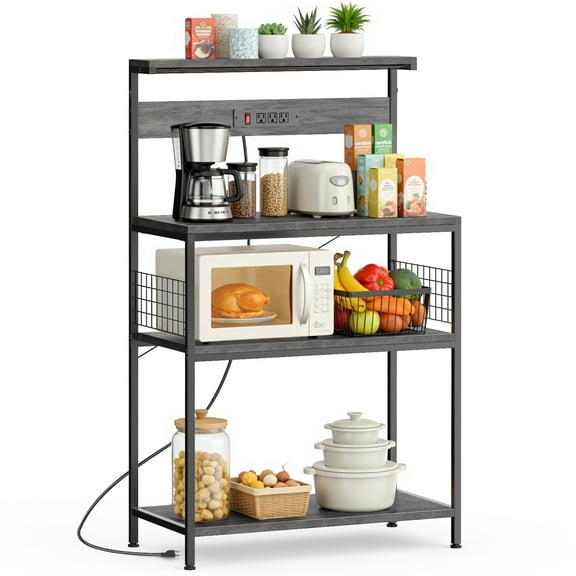 SUMELL 31" Bakers Rack with 3 Power Outlets & 10 Hooks, 4-Tier Coffee Bar, Microwave Stand, Space-Saving Kitchen Storage, Gray
