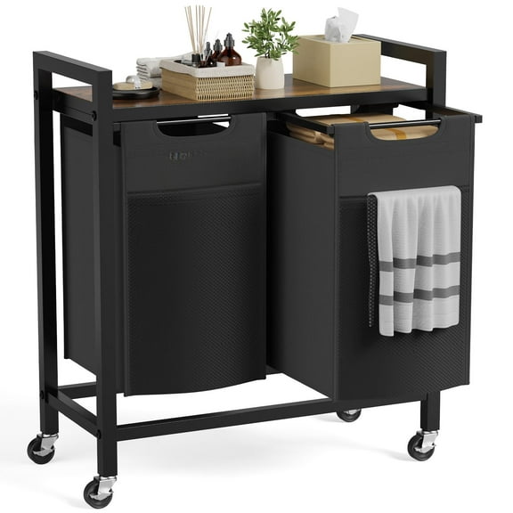 SUMELL 2x12.1 Gal Laundry Basket Sorter with Shelf, 2 Pull-Out Removable Bags and Castors for Home