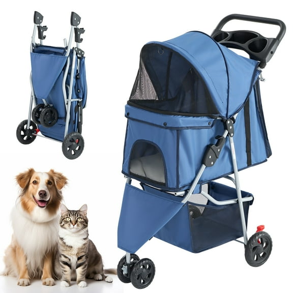 SUMELL 3 Wheels Pet Stroller Dog Jogging with Breathable Mesh Window, Large Storage Basket, Cup Holder, Blue