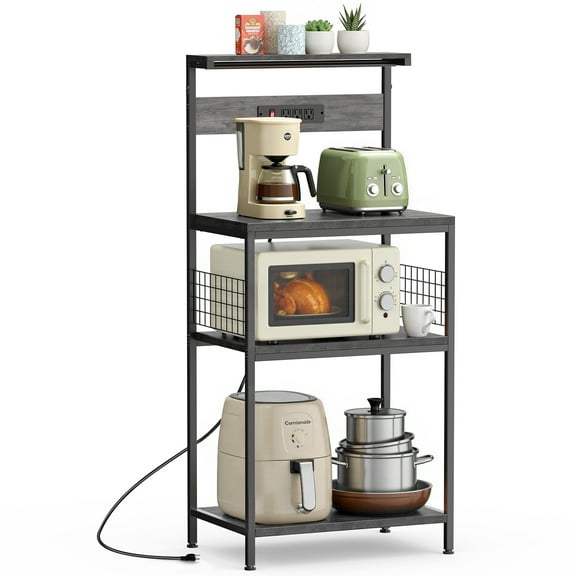 SUMELL 23" Bakers Rack with 3 Power Outlets & 10 Hooks, 4-Tier Coffee Bar, Microwave Stand, Space-Saving Kitchen Storage, Gray