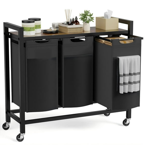 SUMELL 3x10 Gal Laundry Basket Sorter with Shelf, 3 Pull-Out Removable Bags and Castors for Home