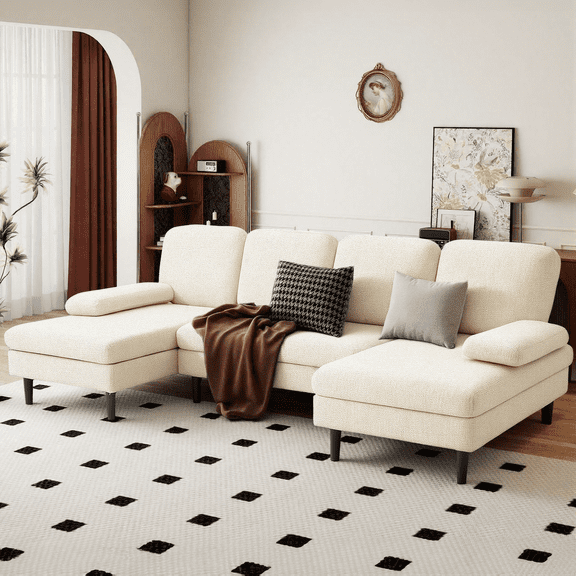 SUMELL 4-Seat U Shaped Sectional Sofa, Chenille Fabric, Double Chaise for Living Room, Beige