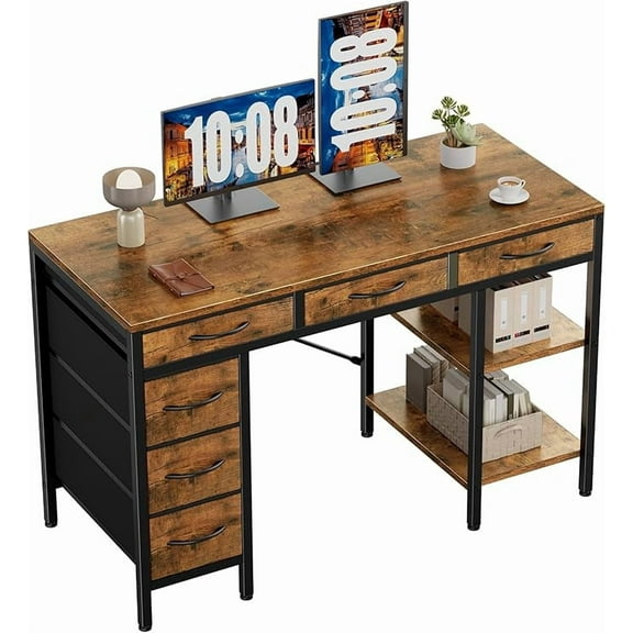 SUMELL 47-inch Computer Gaming Desk with 6 Drawers & Storage Shelves, Home Office & Gaming Workstation for Bedroom, Study, Living Room Writing Table, Rust