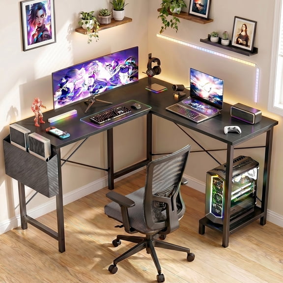 SUMELL 50 inch L Shaped Desk, Reversible Corner Computer Table with Side Storage Bag, Metal Frame, Gaming & Home Office Desk, Black