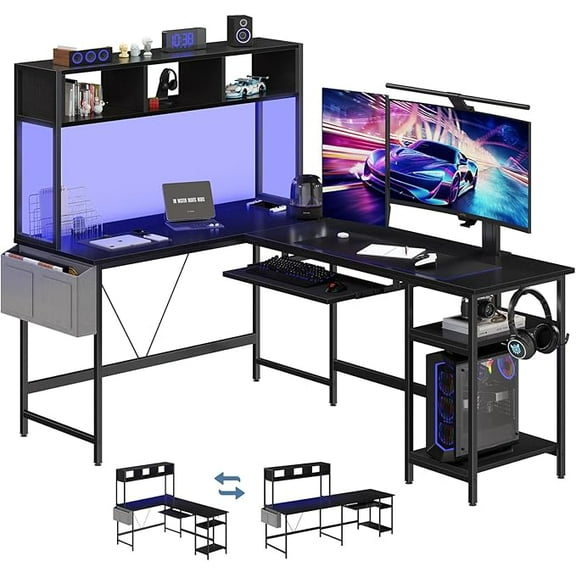 SUMELL 67" Reversible L-Shaped Gaming Desk with LED Lights, Keyboard Tray, Side Storage Bag & Shelf, Black