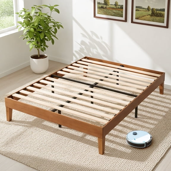 SUMELL Naturalista Classic Queen Size Solid Wood Platform Bed, Sleek Minimalist Design, Sturdy Durable Frame for Bedroom Decor, Wooden Color
