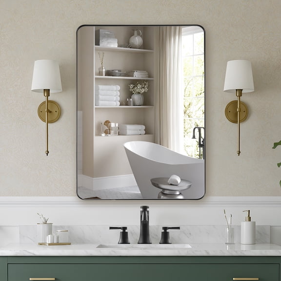 SUMERAIN 22 x 30 Inch Bathroom Mirror for Wall, Anti-Rust Metal Framed Mirror, Modern Aluminum Frame Rounded Rectangle Vanity Mirror with Tempered Glass for Living Room