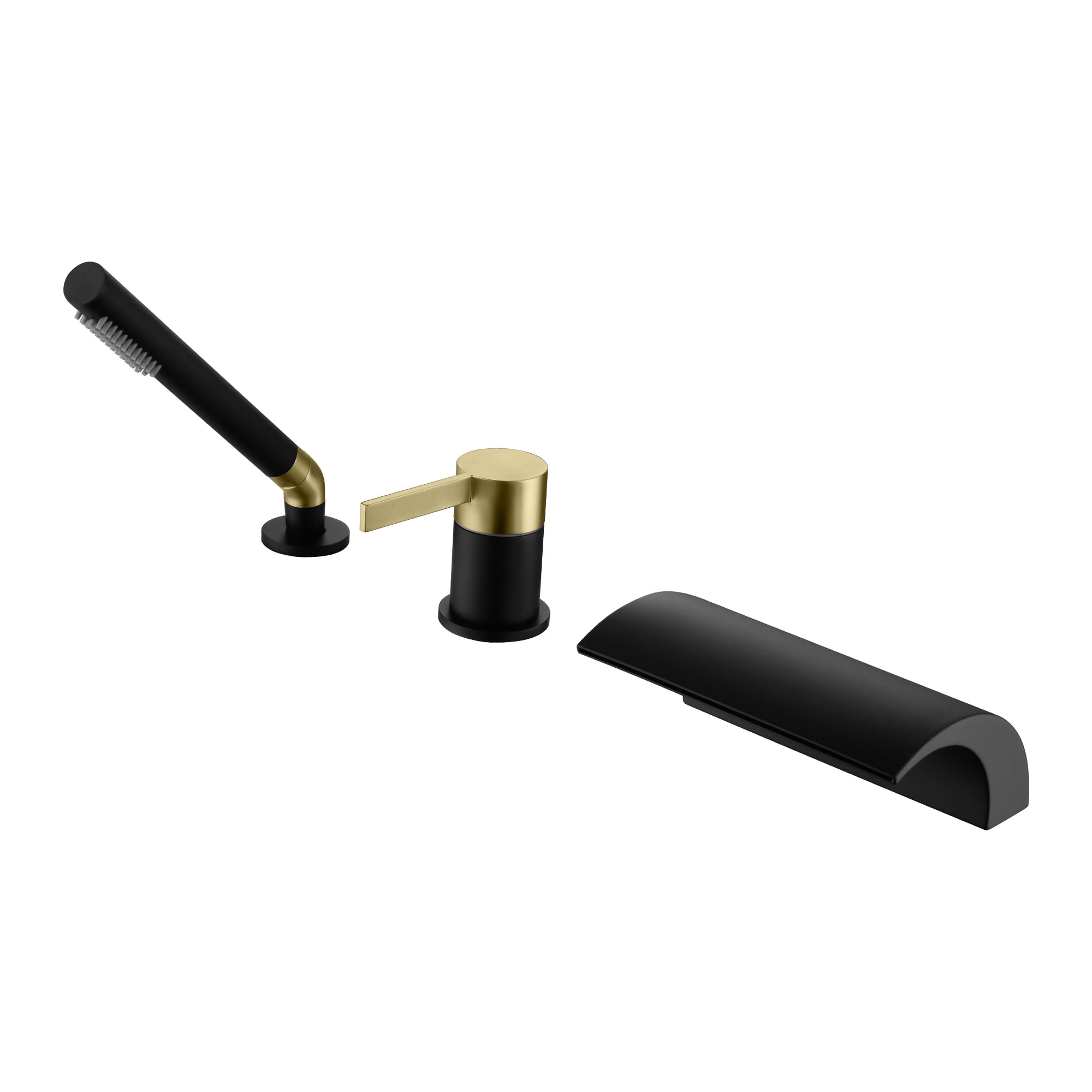 SUMERAIN 3 Hole Roman Tub Faucet with Hand Shower, High Flow Waterfall Tub Filler Black and Gold Finish