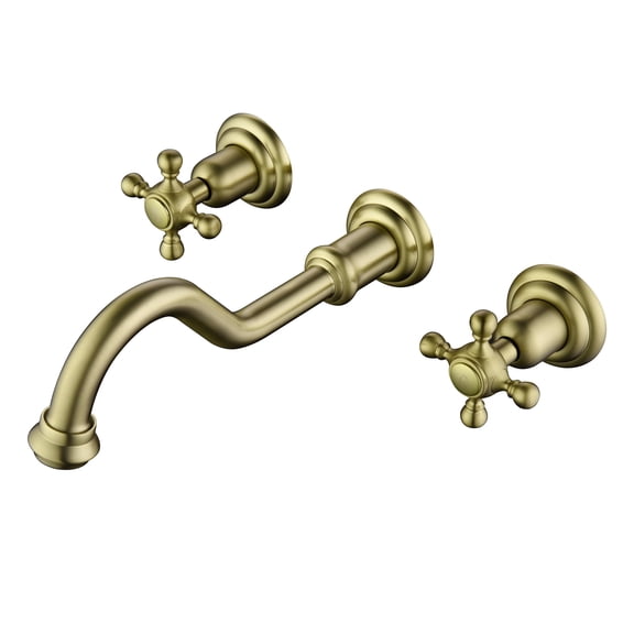 SUMERAIN 3 Holes Wall Mount Basin Faucet,Vintage Cross Handles Brushed Gold Lavatory Bathroom Vessel Sink Faucet Includes Rough-in Valve