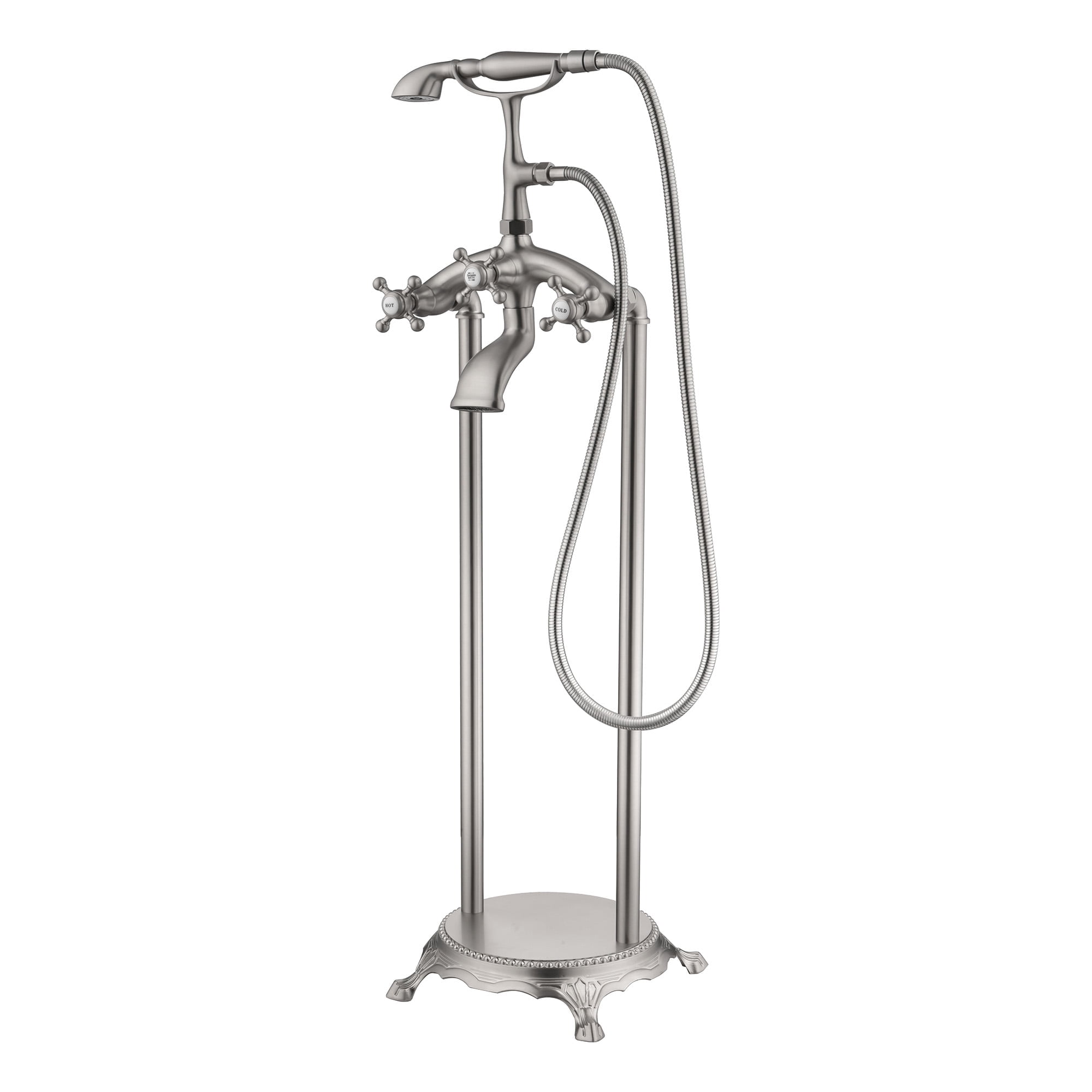 SUMERAIN Antique Floor Mount Bathtub Faucet, Brushed Nickel Waterfall Freestanding Bathroom Tub Filler with Hand Shower, High Flow