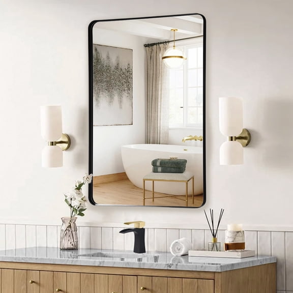 Sumerain 20 inch x 30 inch Black Rounded Corner Framed Wall Mirror, Aluminum Alloy, Tempered Glass