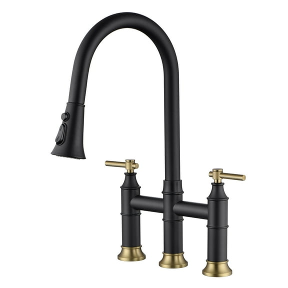 SUMERAIN Bridge Kitchen Faucet with Pull Down Sprayer 2 Handle 3 Hole Kitchen Sink Faucet 8 Inch Centerset Black&Gold