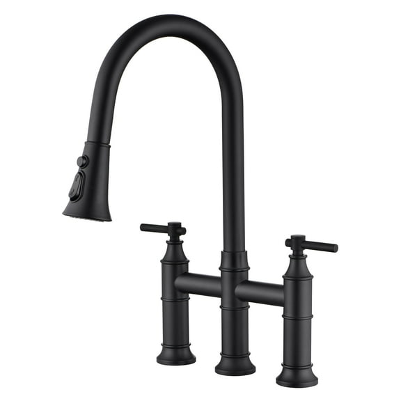 SUMERAIN Bridge Kitchen Faucet with Pull Down Sprayer Matte Black 3 Hole 2 Handle Kitchen Sink Faucet Stainless Steel