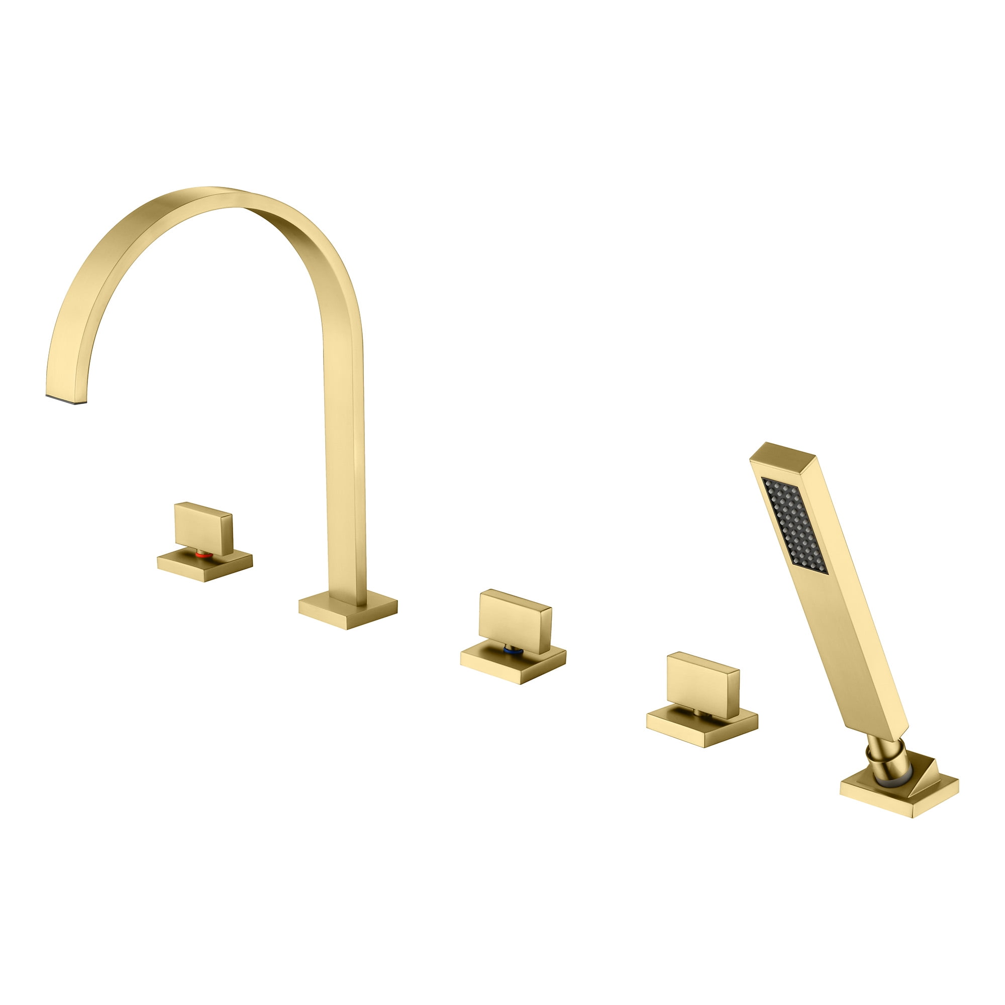 SUMERAIN Brushed Gold 5 Hole Roman Tub Faucet with Hand Shower, Deck Mount Waterfall Bathtub Faucet with Valve, High Flow