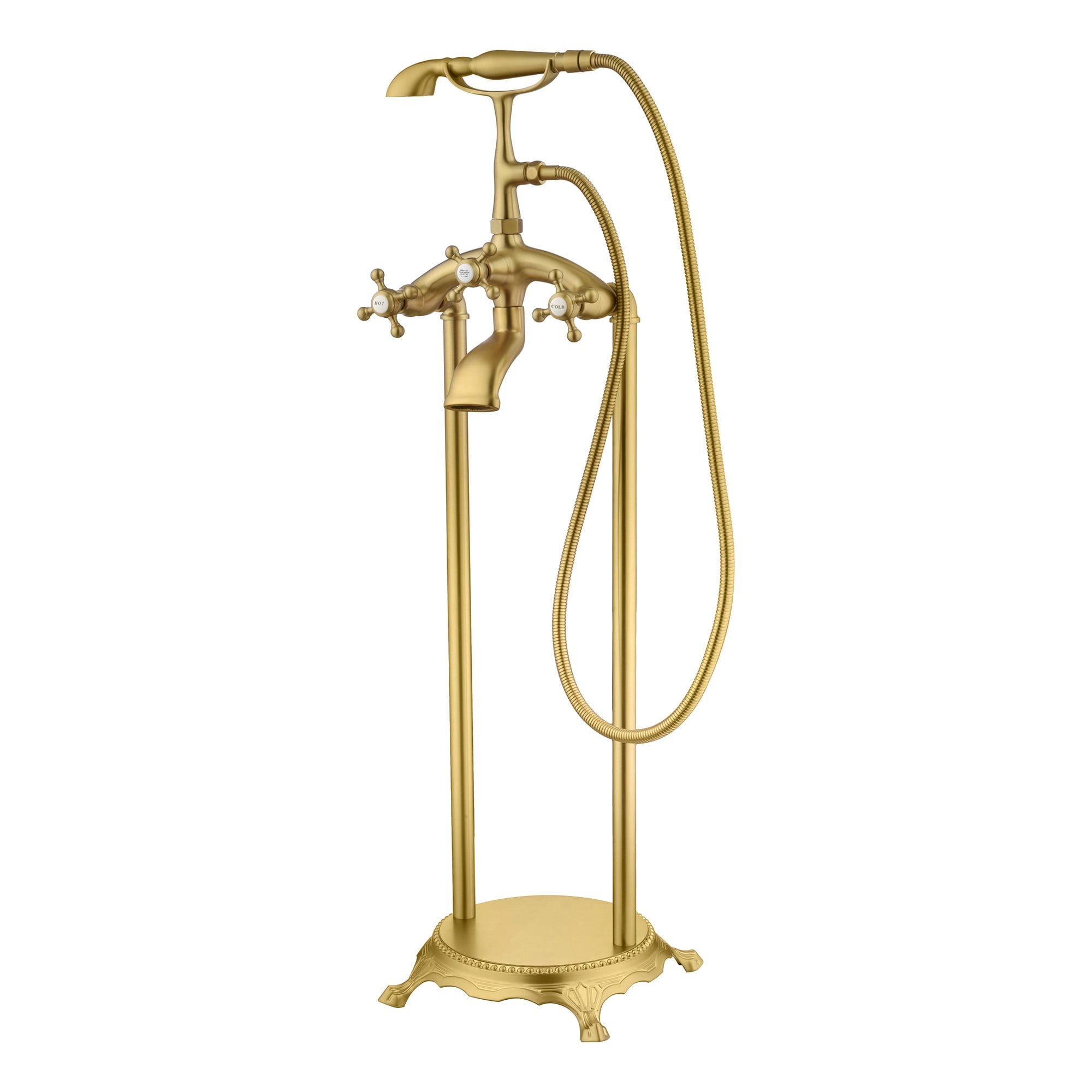 SUMERAIN Brushed Gold Freestanding Bathtub Faucet with Handheld Shower, High-Flow Waterfall Floor Mount Tub Filler, Solid Brass