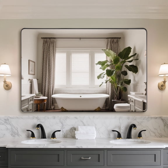 Sumerain 48 x 32 inch Matte Black Aluminum Framed Bathroom Vanity Mirror, Tempered Glass, Rounded Corner Rectangle