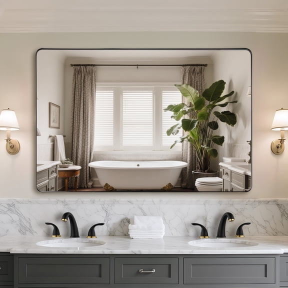 SUMERAIN Large Bathroom Vanity Mirror for Wall 48 x 32 Inch , Matte Black Aluminum Framed Tempered Glass Bathroom Wall Mirror, Modern Rounded Corner Rectangle Design for Living Room, Farmhouse