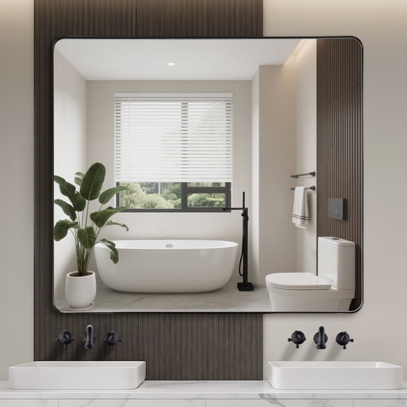 SUMERAIN Large Black Bathroom Mirror 40 x 36 Inch, Deep Frame Aluminum Frame Wall Mirror for Bathroom, Living Room, Farmhouse, Modern Rounded Corner Vanity Mirror Tempered Glass