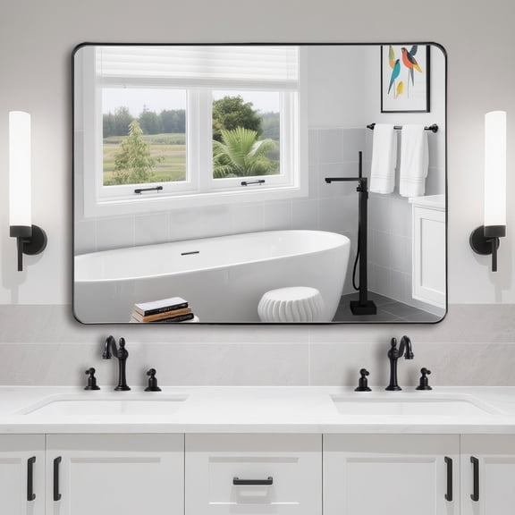 SUMERAIN Large Wall Mounted Bathroom Mirror with Shatter-proof Tempered Glass, 40 x 30 Inch Black Rounded Rectangle Mirror, Anti-Rust, Hangs Horizontally or Vertically