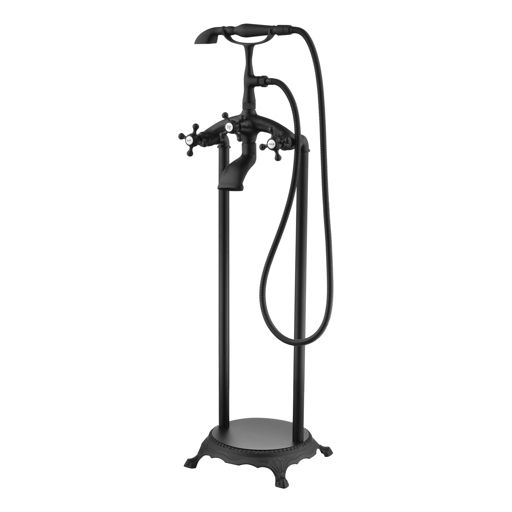 SUMERAIN Matte Black Freestanding Bathtub Faucet, High Flow Waterfall Floor Mount Bathtub Filler with Hand Shower, Solid Brass