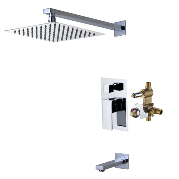 SUMERAIN Modern 8" Square Rain Shower System, Single-Handle Wall-Mount Tub and Shower Faucet with Pressure Balance Valve, Brass Construction, Chrome