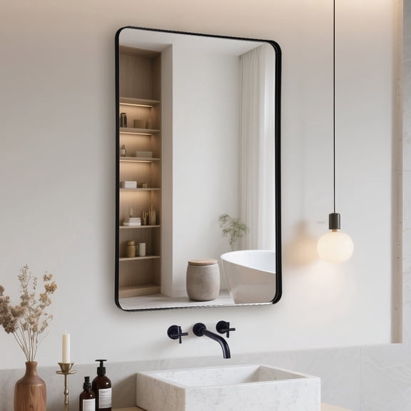 Sumerain 24 inch x 36 inch Black Rounded Corner Bathroom Mirror, Tempered Glass, Wall Mounted