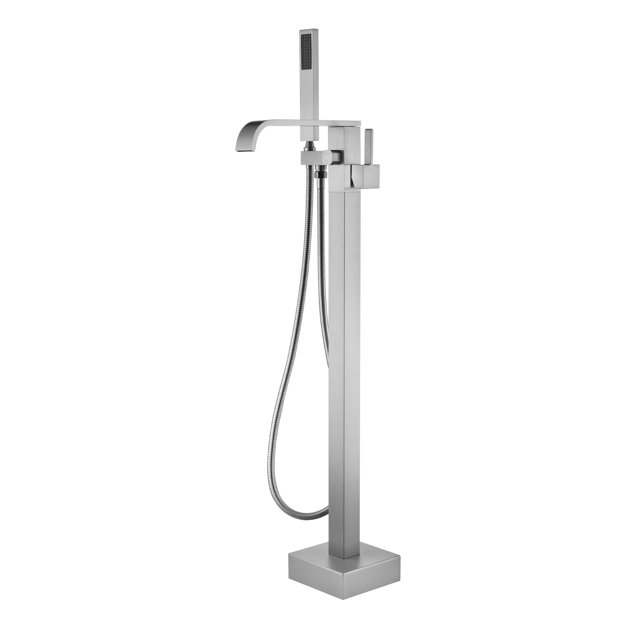 SUMERAIN Modern Floor Mount Bathtub Faucet in Brushed Nickel Finish, Single Handle Waterfall Freestanding Bathroom Tub Filler Faucet with Hand Shower, High Flow