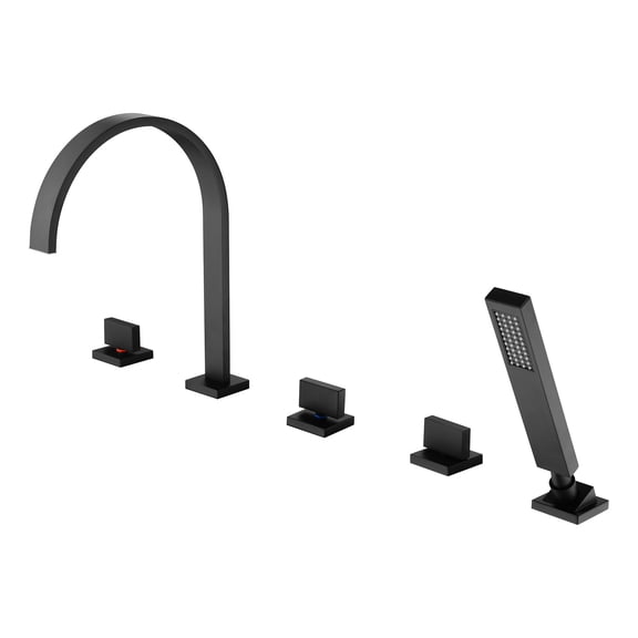 SUMERAIN Modern Matte Black Roman Tub Faucet with Valve, 5 Hole Waterfall Bathtub Faucet with Hand Shower, High Flow