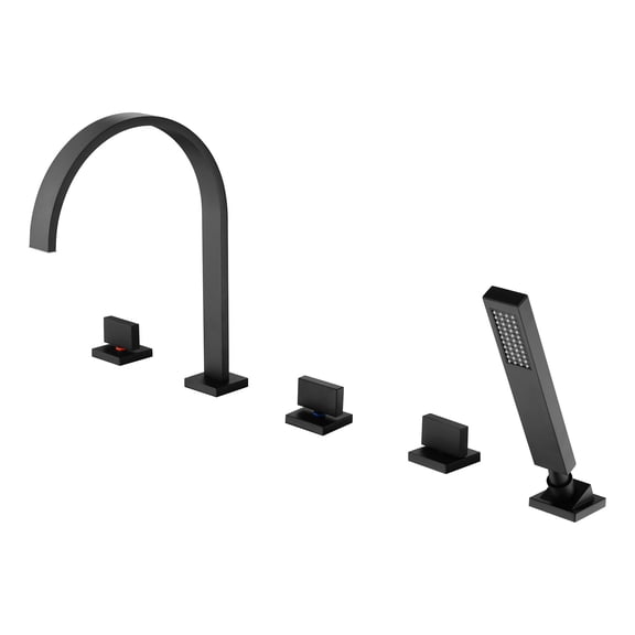 Sumerain Modern Roman Tub Faucet with Waterfall Spout and Hand Shower, 5-Hole, High Flow, Matte Black, with Rough-In Valve