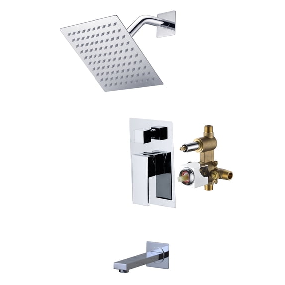 SUMERAIN Modern Tub and Shower Faucet with Pressure Balance Valve, 8-Inch Square Rain Showerhead System with Tub Spout, Chrome