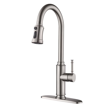 Sumerain Pull-Down Kitchen Faucet with Sprayer, Single Handle, Includes Deck Plate, Brushed Nickel
