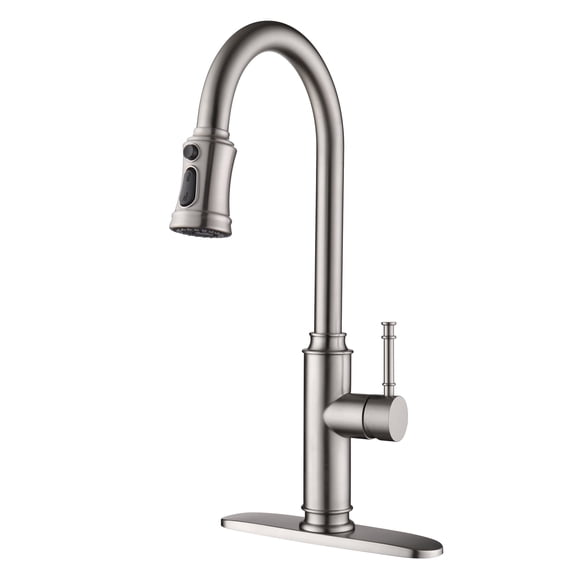 Sumerain Pull-Down Kitchen Faucet with Sprayer, Single Handle, Includes Deck Plate, Brushed Nickel